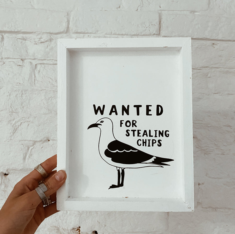 “Wanted for stealing chips” word frame